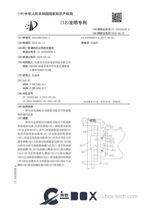 Patent certificate - Communication Equipment with Auto PCB Insertion and Rapid Cooling (CN201610014585.1)